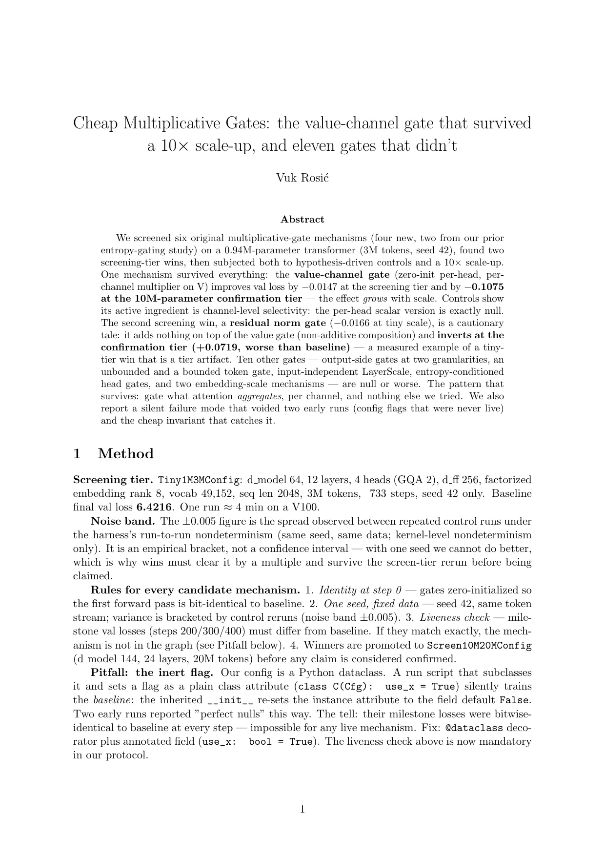 First page of Cheap Multiplicative Gates: the value-channel gate that survived a 10× scale-up