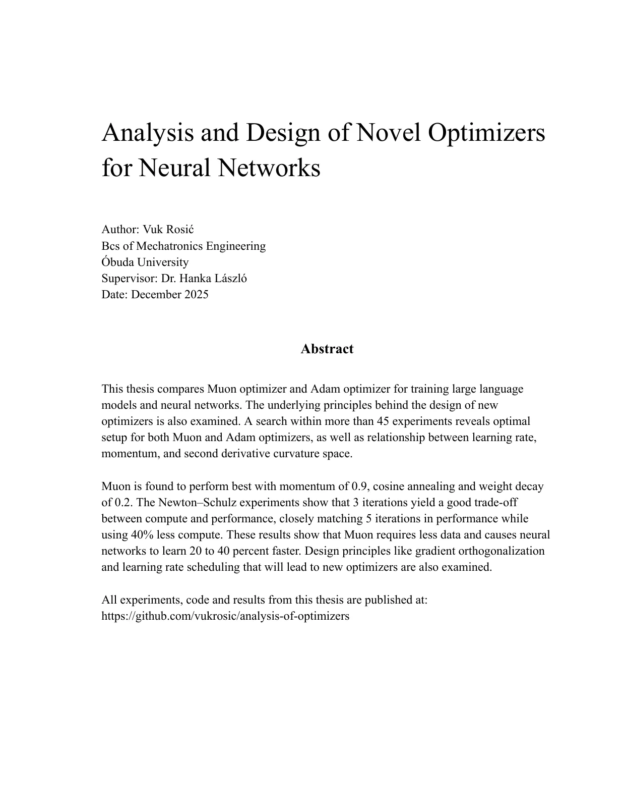 First page of Analysis and Design of Novel Optimizers for Neural Networks