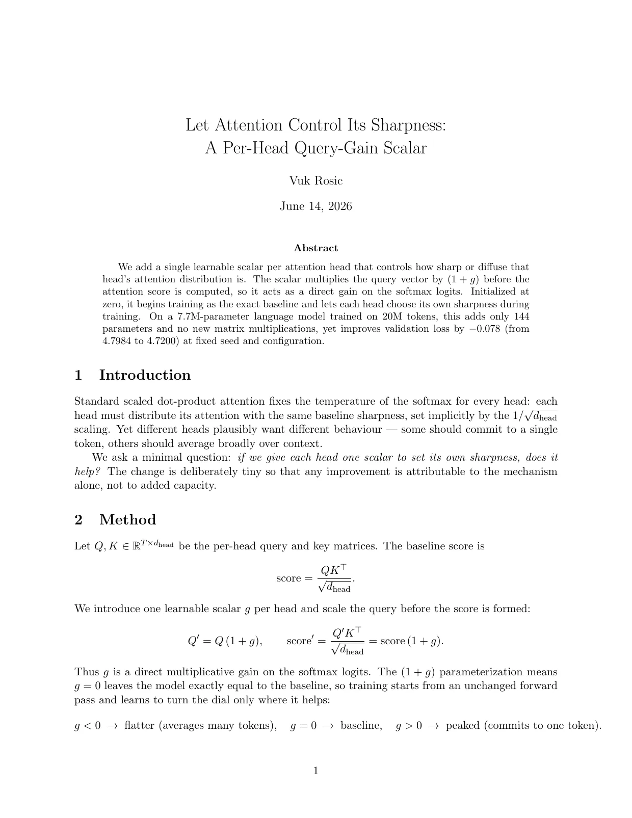First page of Let Attention Control Its Sharpness: A Per-Head Query-Gain Scalar