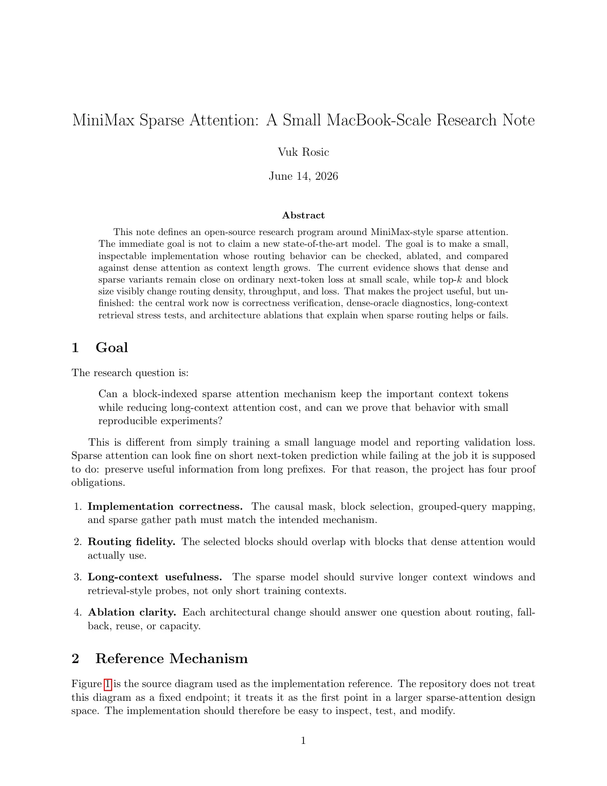 First page of MiniMax Sparse Attention: A Small MacBook-Scale Research Note